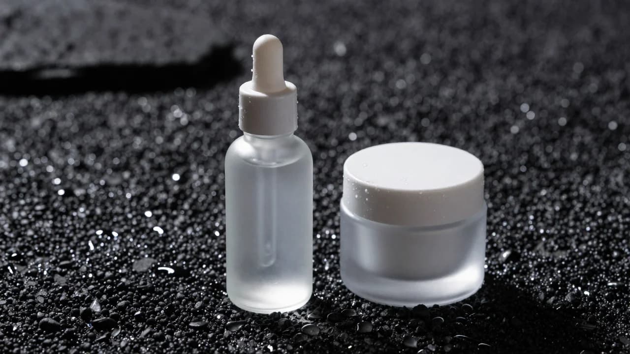 Blank frosted skincare dropper bottle and cosmetic jar on wet black volcanic stone