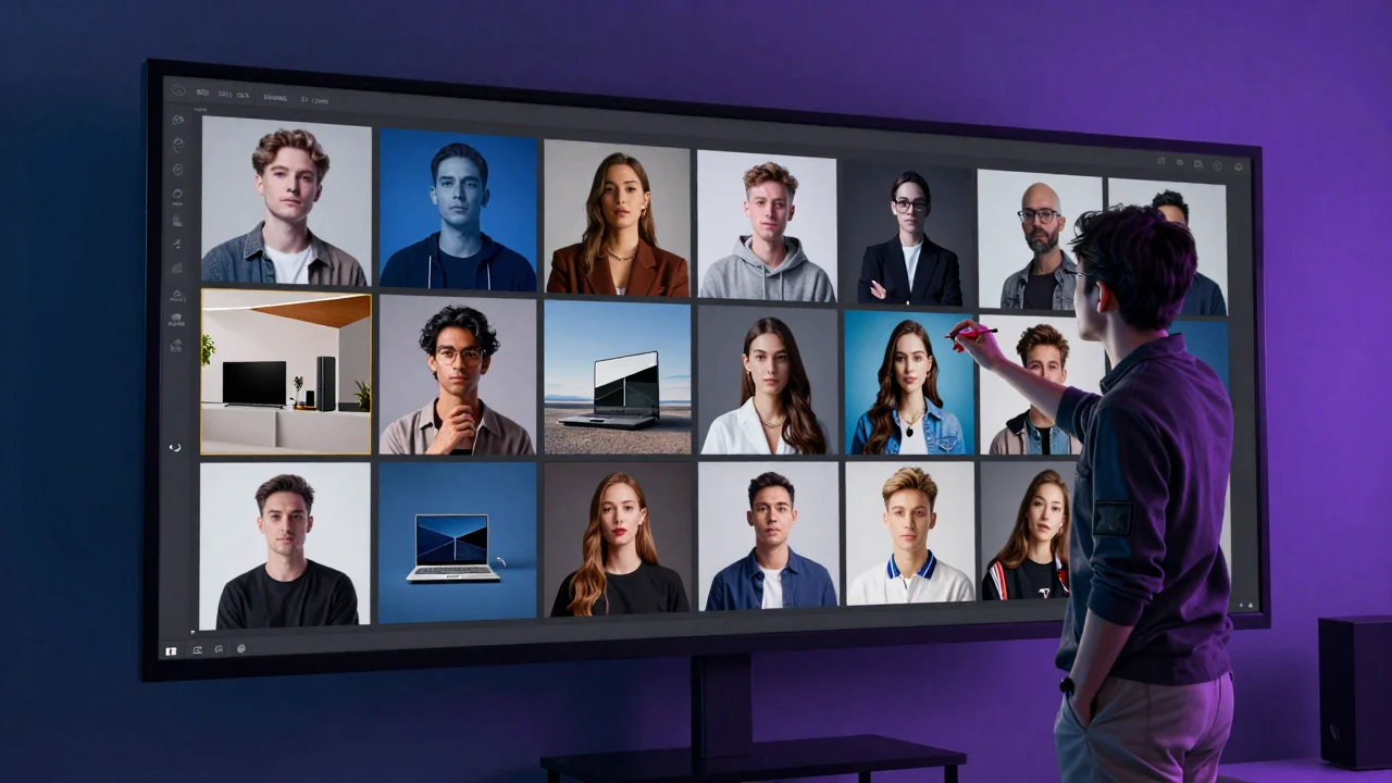 Creative director reviewing a grid of AI-generated portraits and product images in a blue and violet studio
