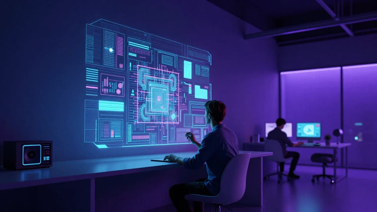 Designer working with a luminous blue and violet visual system in a near-future creative studio