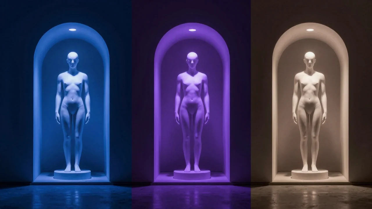Three illuminated gallery niches showing the same white sculpture under blue, violet, and warm light