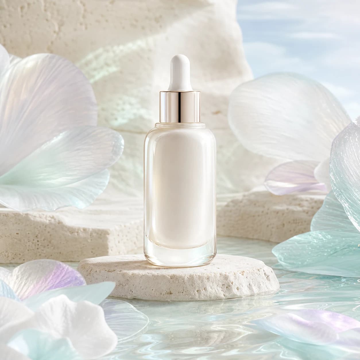 Unbranded pearlescent skincare serum on white stone with pastel glass petals and clear water