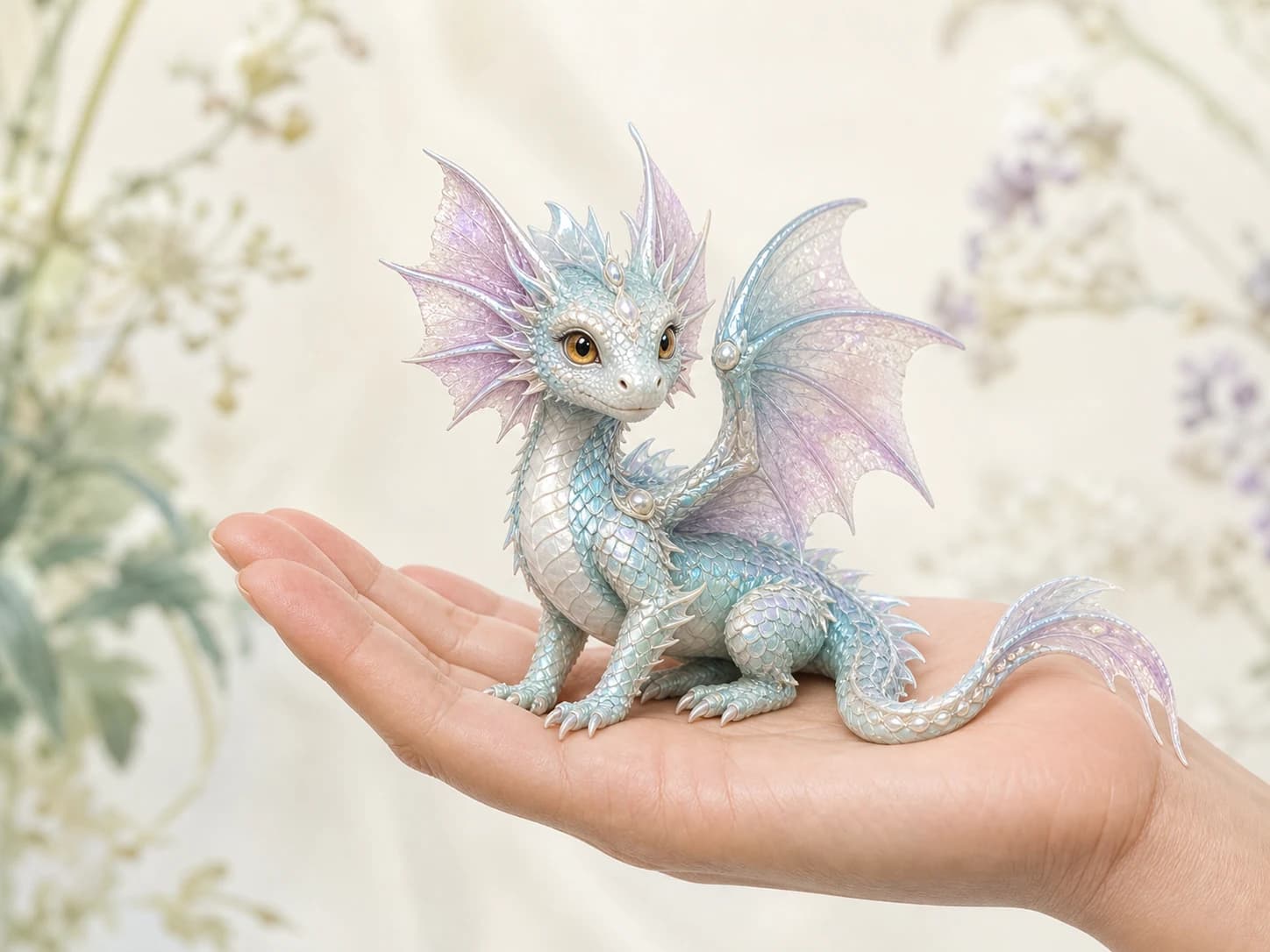 Miniature pearl-and-aqua dragon with translucent lavender wings standing on an open palm
