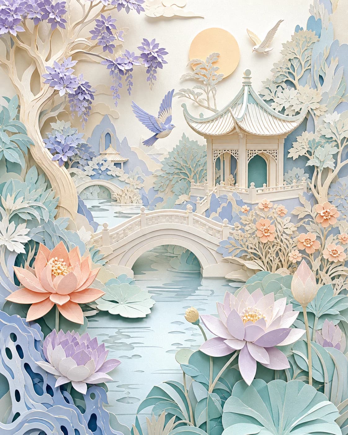 Layered pastel paper-cut botanical garden with bridges, lotus flowers and a warm sun