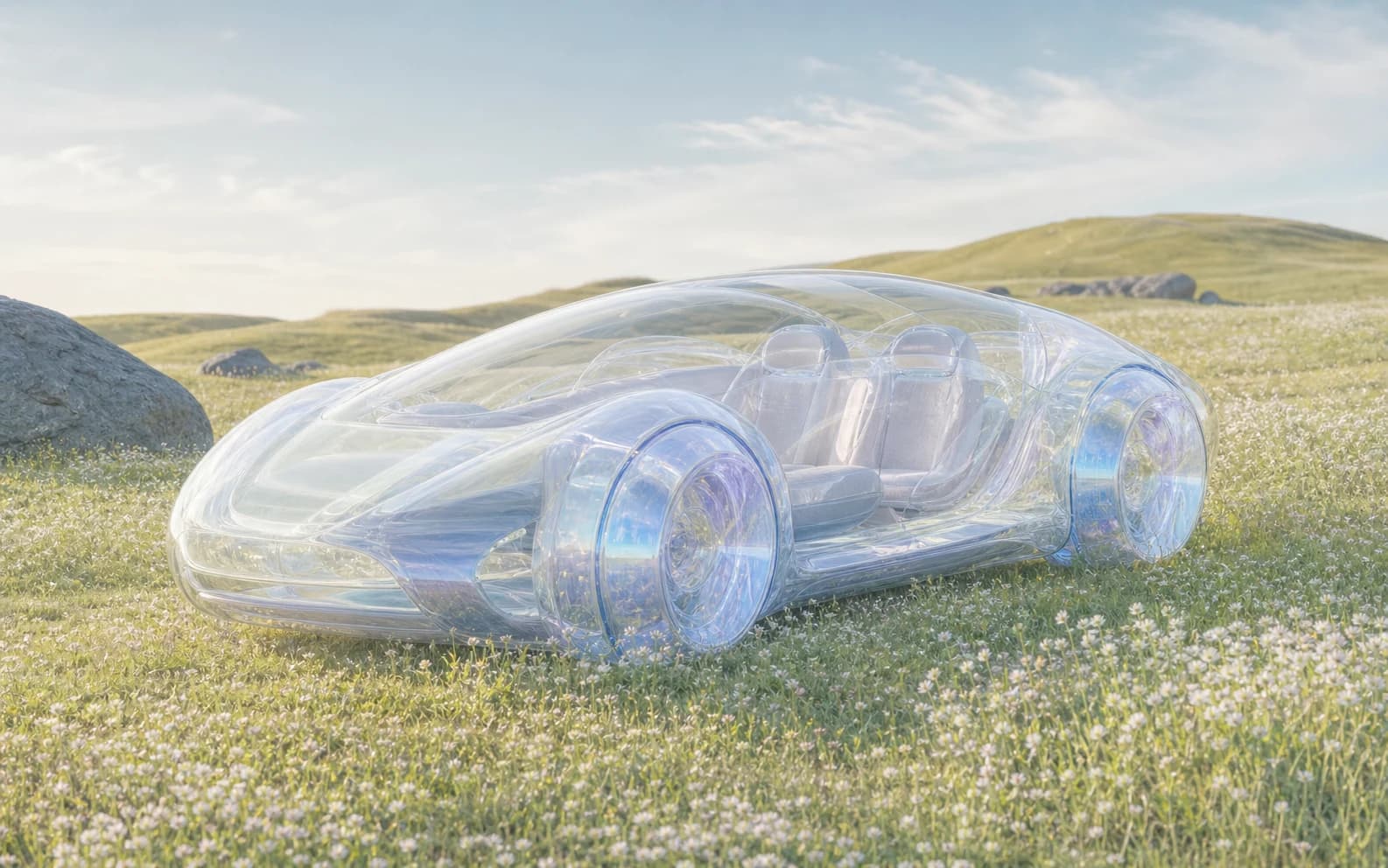 Transparent pearl-like concept car in a bright meadow of pale grass and white flowers