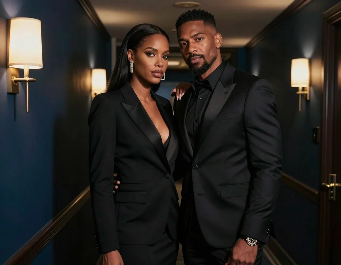 Adult couple in tailored black eveningwear standing together in a dark hotel corridor