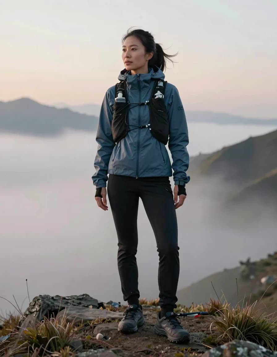 Adult Asian female trail runner standing on a misty alpine ridge at dawn
