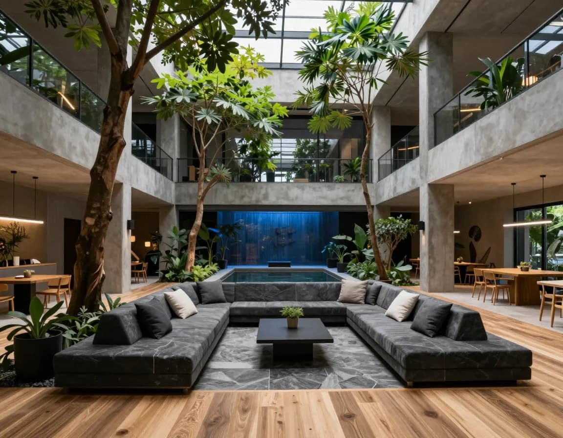 Biophilic loft courtyard with indoor trees, reflecting pool, and sunken seating