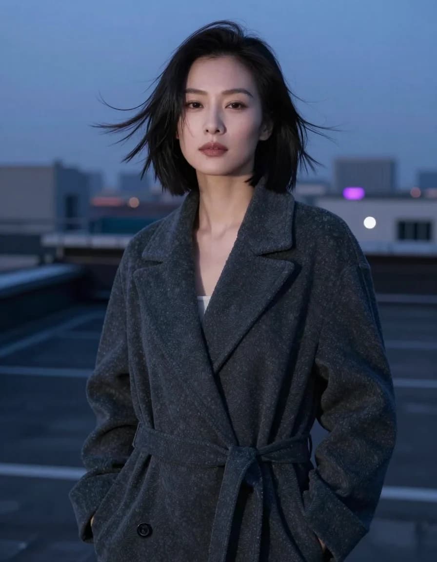 Blue-hour adult fashion portrait generated from a structured prompt