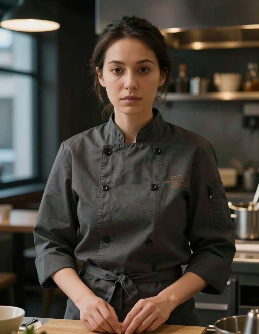 Adult female chef in a charcoal uniform standing in a candlelit restaurant kitchen