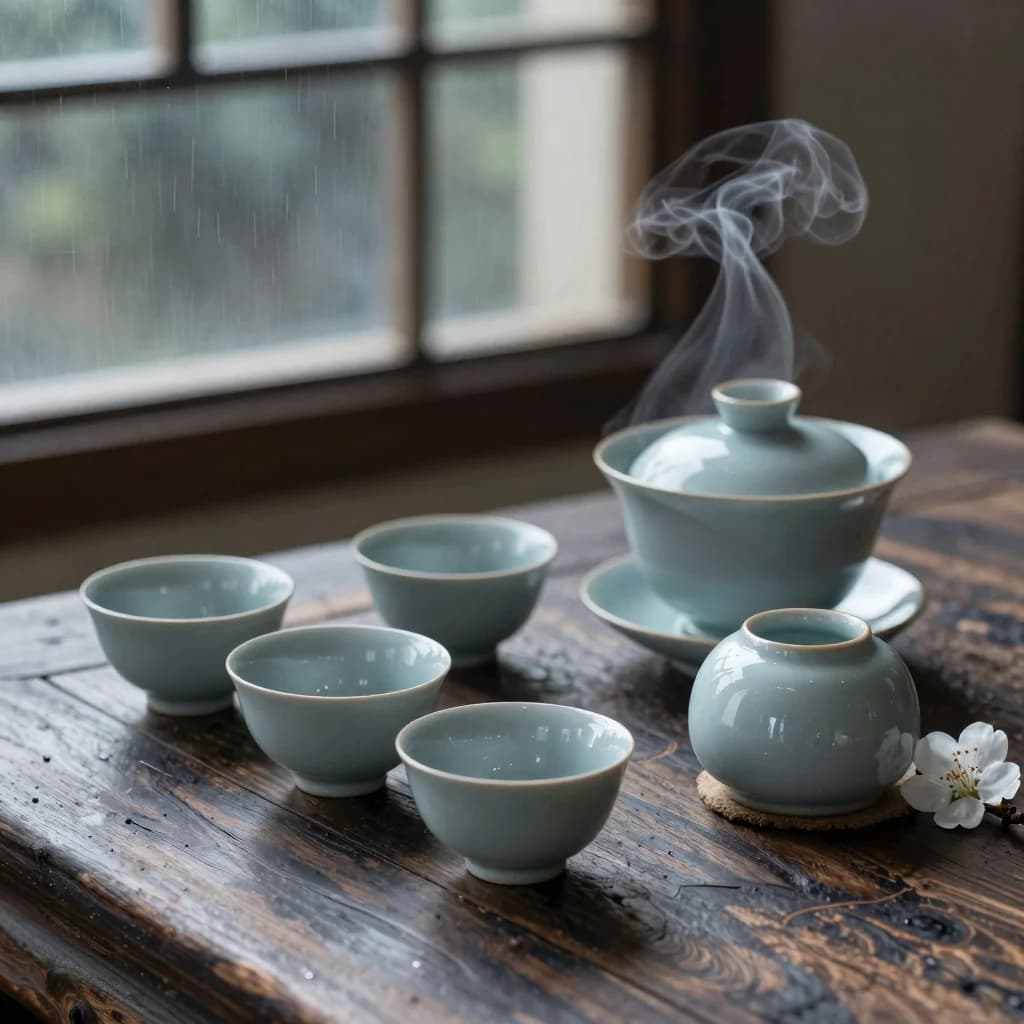Celadon tea set with steam and a white blossom beside a rainy window