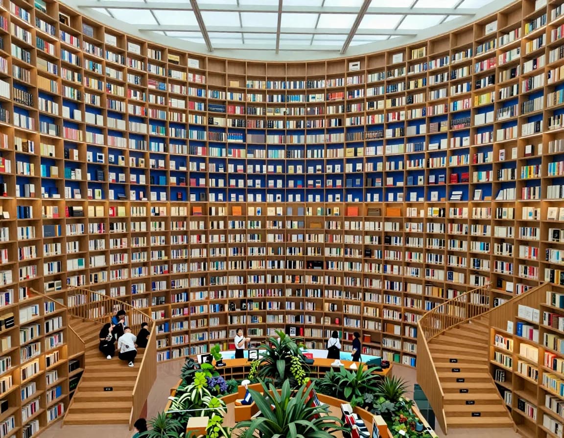 Grand circular timber library with concentric bookshelves and a planted reading garden