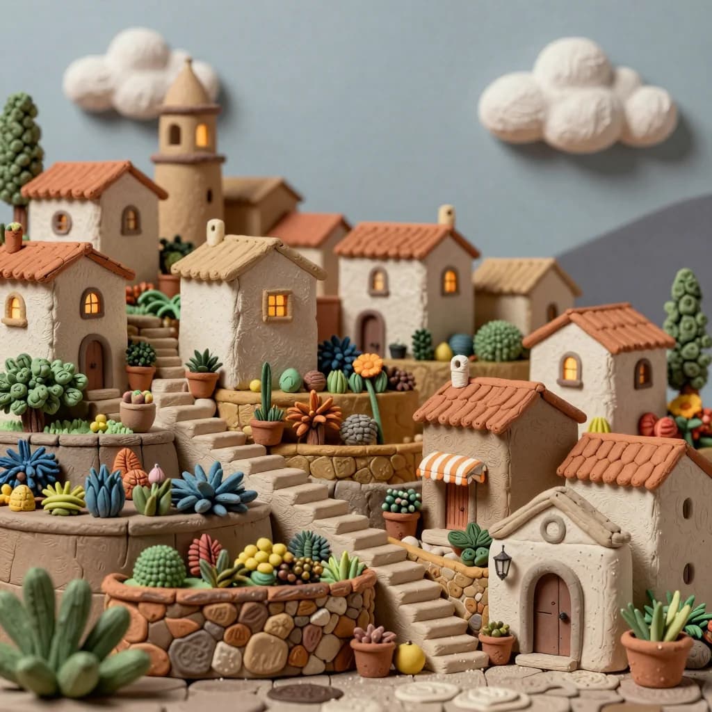Handcrafted clay hillside village with warm windows and terraced succulent gardens