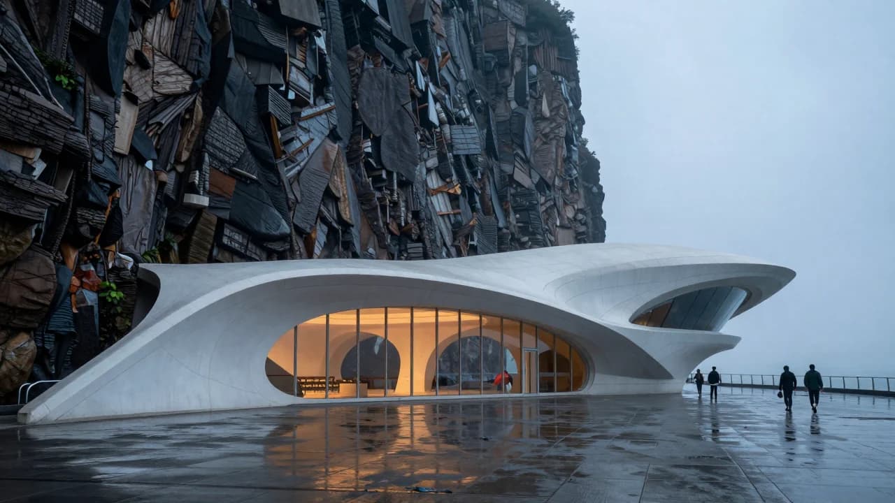 Wide coastal museum composition generated in a landscape aspect ratio