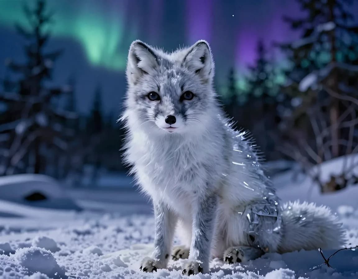Arctic fox with crystalline fur sitting in snow under a violet aurora