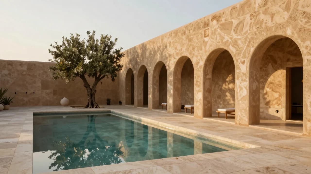 Minimal rammed-earth desert spa courtyard with reflecting pool and olive tree