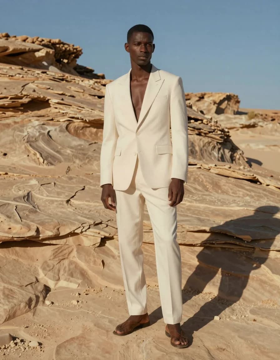 Adult Black male fashion model in a cream suit standing among desert rocks