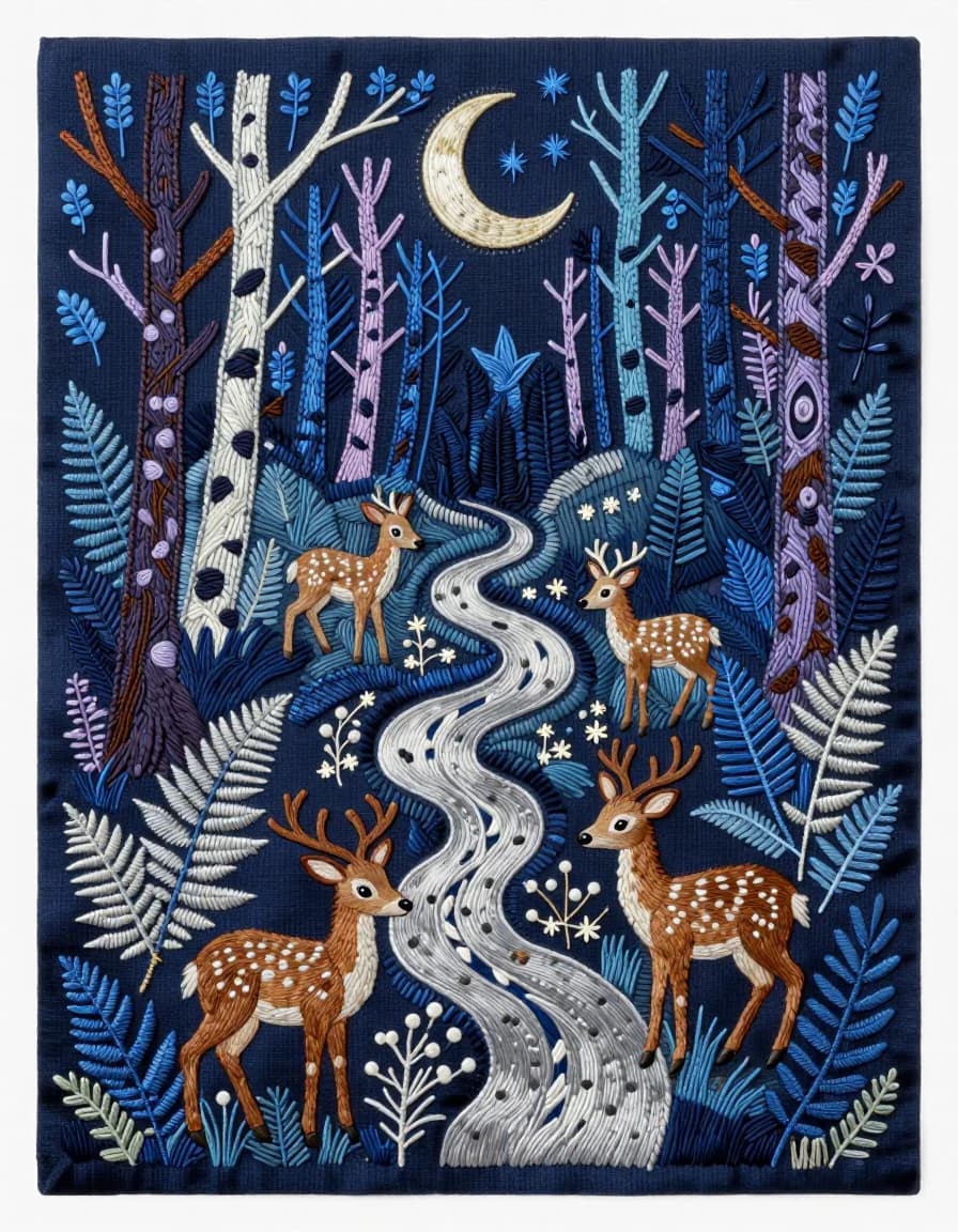 Blue embroidered night forest with deer, ferns, a silver river, and crescent moon