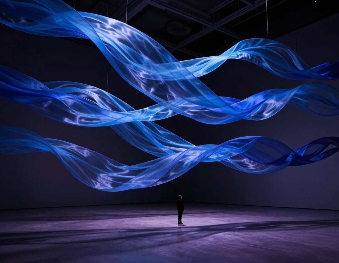 Translucent blue silk ribbons floating above a lone visitor in a dark gallery