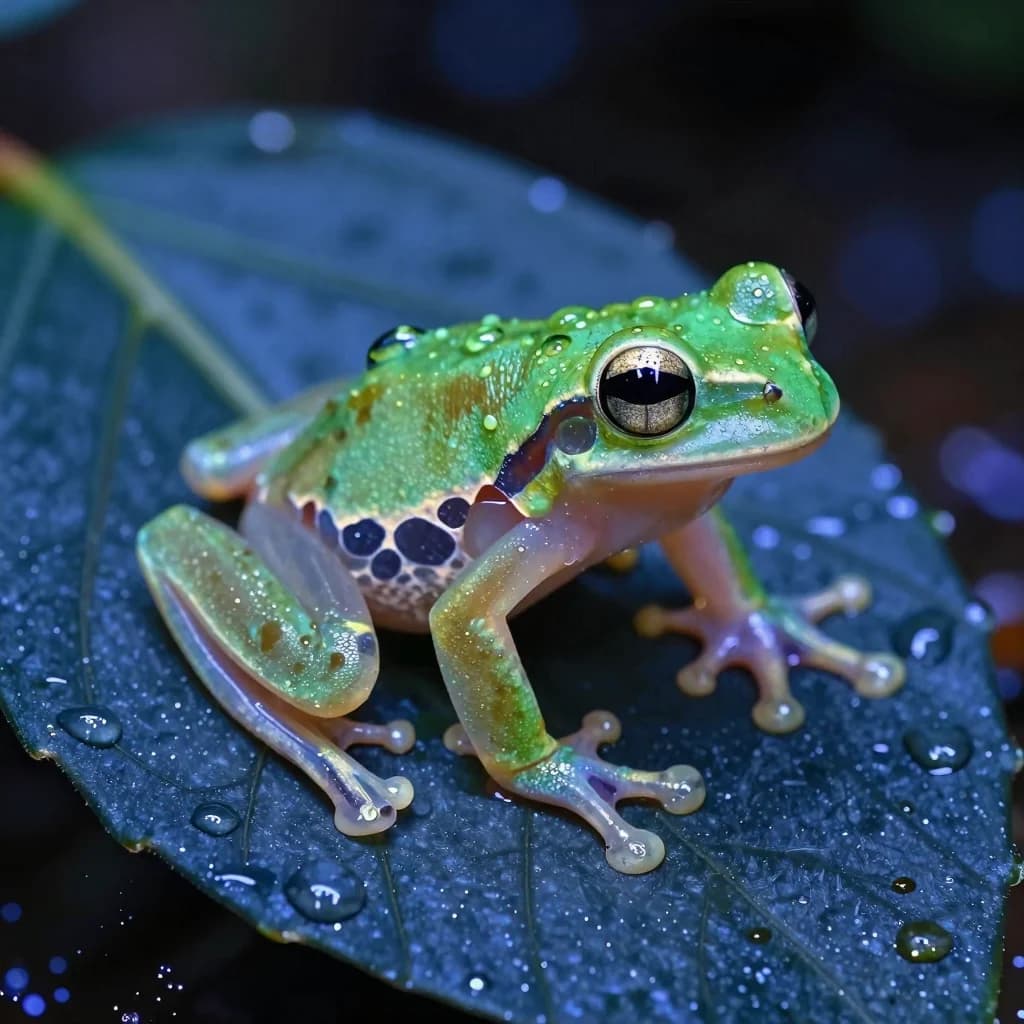 Tiny translucent green glass frog resting on a rain-covered indigo leaf