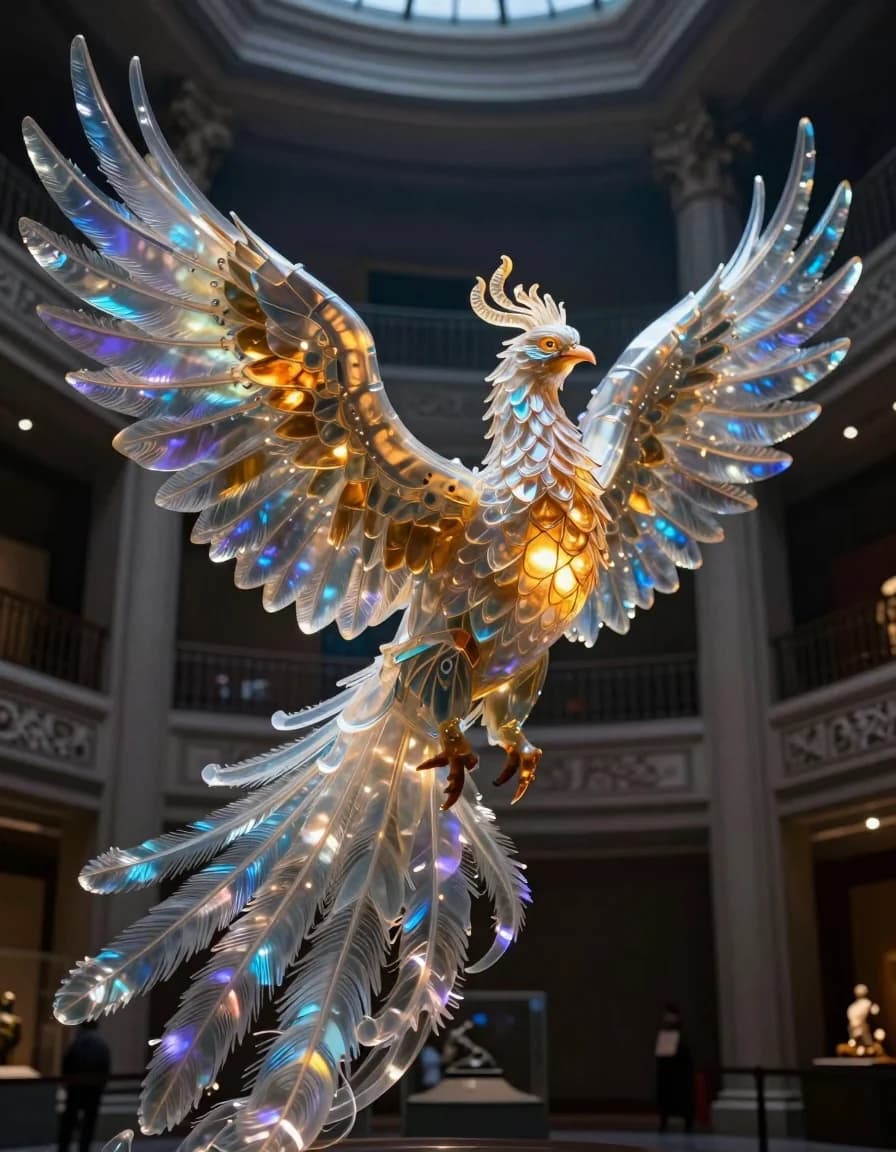 Majestic translucent glass phoenix spreading its wings inside a museum atrium