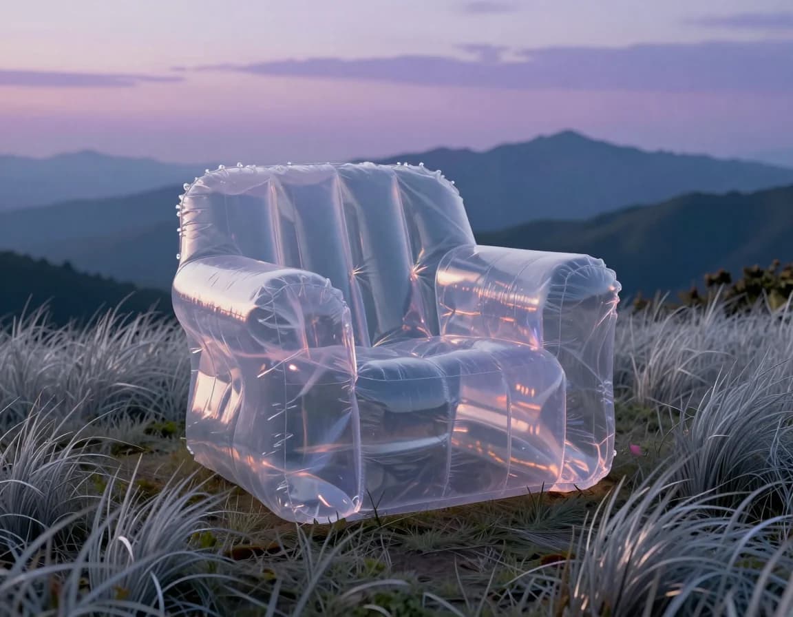 Transparent inflatable lounge chair in silver grass on a mountain plateau