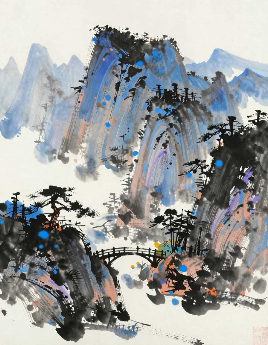 Contemporary black and cobalt ink-wash mountains with pine trees and a small bridge