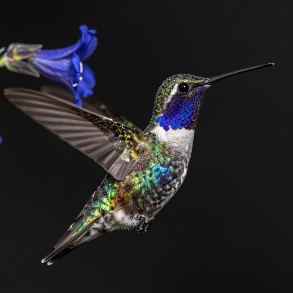 Iridescent hummingbird hovering beside an indigo flower on a dark background