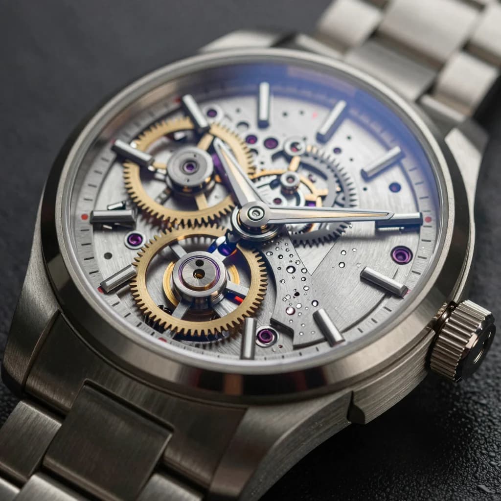 Mechanical watch product photograph with controlled metal reflections
