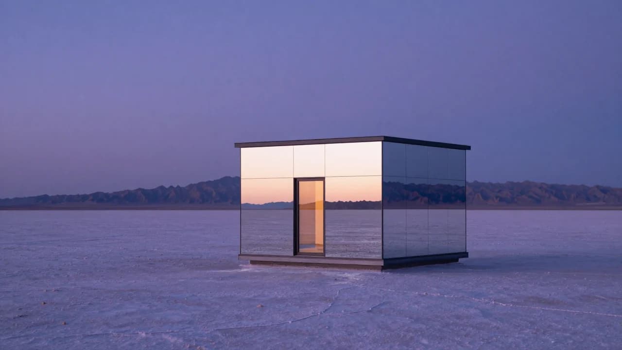 Mirrored house on a salt flat showing controlled reflections and composition