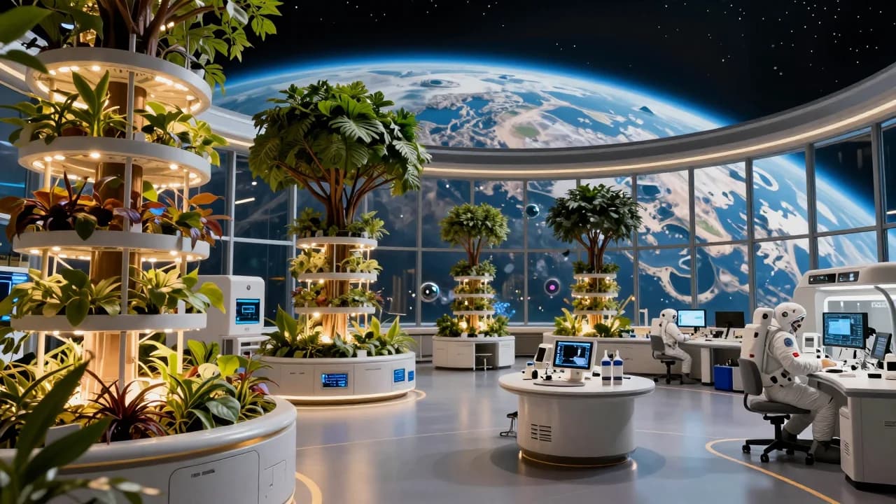 Near-future orbital garden laboratory with hydroponic trees overlooking Earth