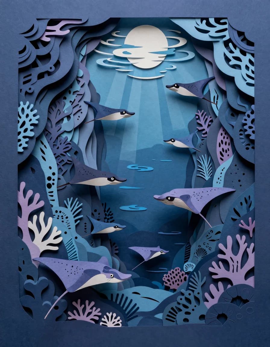 Layered blue paper-cut ocean canyon filled with manta rays and coral