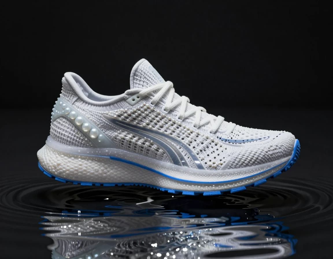 Unbranded pearl and translucent running shoe floating above rippled black water