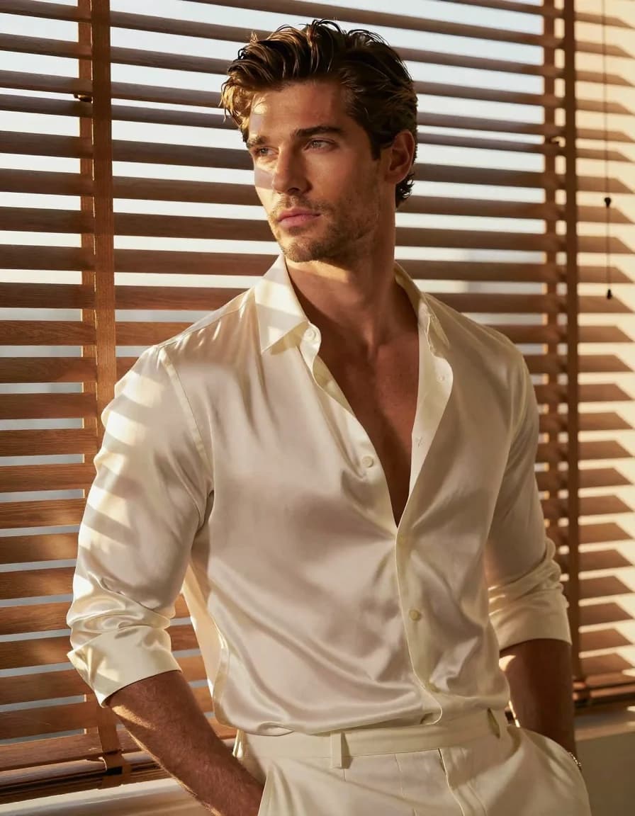 Adult Mediterranean man wearing an open ivory silk shirt in warm window light