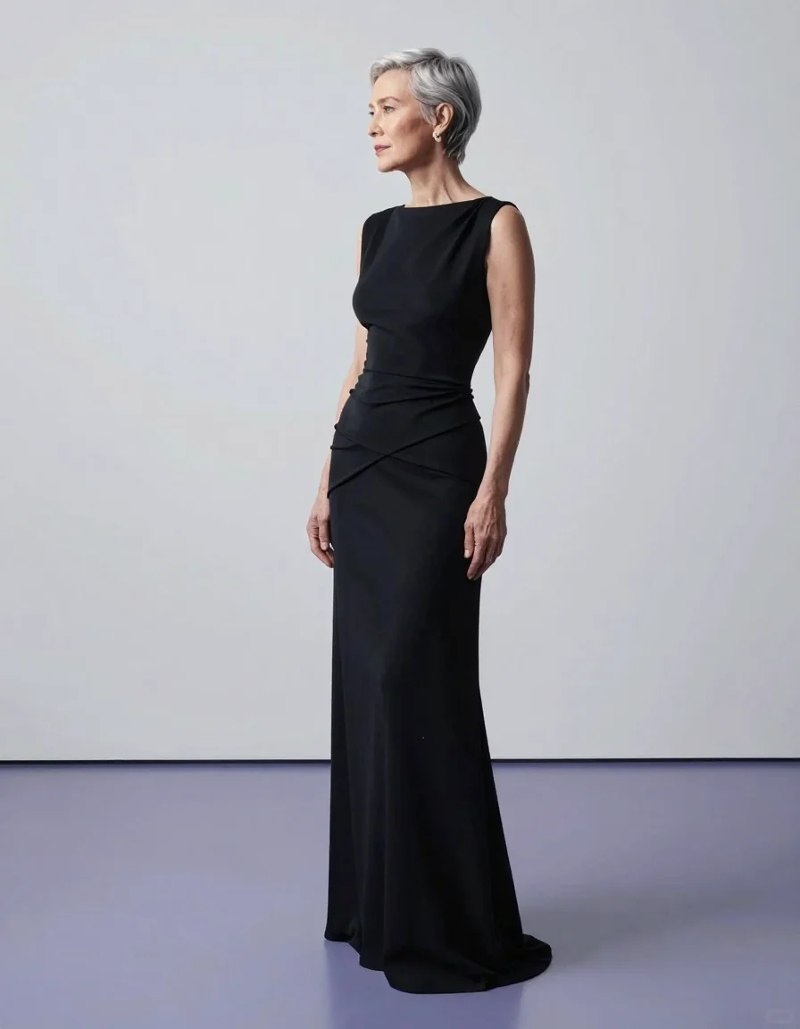 Elegant adult woman with short silver hair wearing black in a cobalt gallery