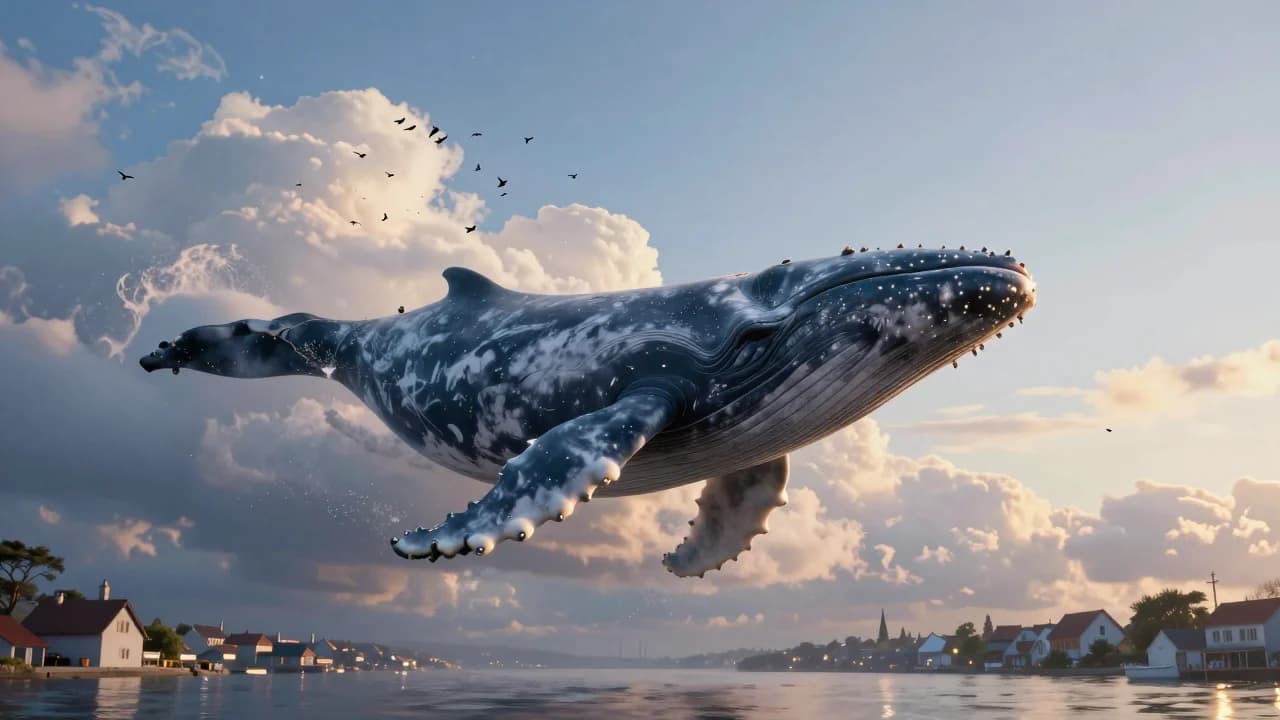 Enormous whale swimming through clouds above a coastal town at sunrise