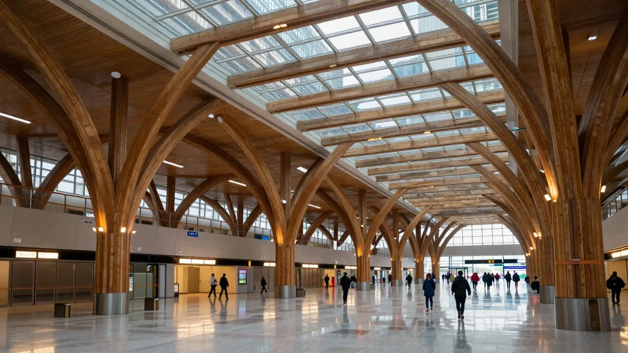 Modern transit hall with branching timber columns and a glazed roof