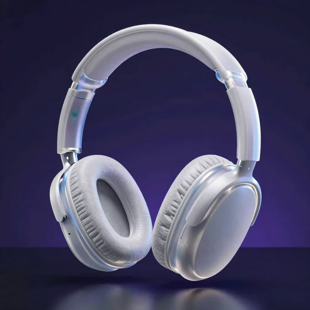 Unbranded translucent over-ear headphones suspended over a reflective surface