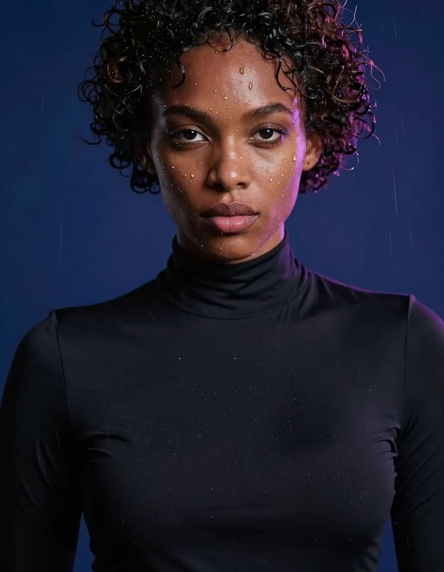 Close adult beauty portrait with natural skin texture and blue-violet light