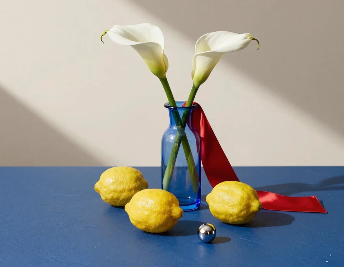 Still life with exactly three lemons, two white flowers, one red ribbon, and one silver sphere