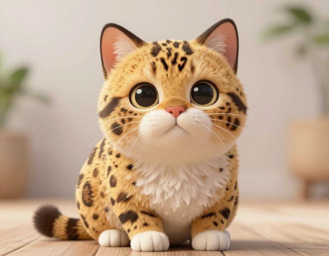An adorable chubby cat with a distinct black "M" shaped mark on its head, covered in golden leopard spots, round face with big sparkling eyes, sitting in a cute pose, soft focus background, gentle lighting, cartoon style rendering, intricate details, 8k resolution